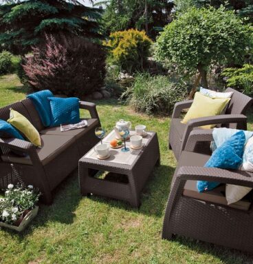 Zahradní set CORFU, polyratan, hnědý, šedohnědé podušky